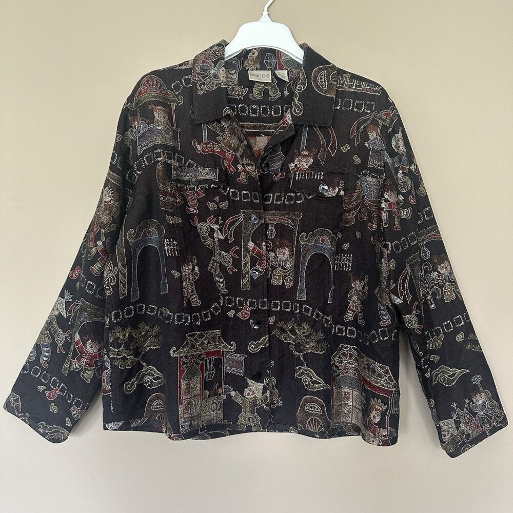 Chicos Silk Jacket Women XL Embroidered Chinese New Year Asian Motif Statement